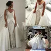 Sexy arabisches Meerjungfrau-Hochzeitskleid mit V-Ausschnitt, Spitzenapplikationen, enge Brautkleider, Brautkleider mit abnehmbarem Rock, Satin-Schleppe, Boho 2019