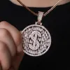 18K Gold Plated Bling Bling Cubic Zirconia Mens US Dollar Sign Round Pendant Necklace Masculina Bijoux Hip Hop Rapper Jewelry Gifts for Guys
