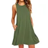 Sommar Casual Kvinnor Fickor BomullT-tröja Ärmlös Ny Lös Solid Tank Klänning O-Neck Plus Size Women Mini Dress Vestidos