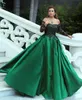 Schulterfreies Ballkleid für Damen, Quinceanera-Kleider, Jägergrün mit schwarzen Applikationen, Pailletten, Abendkleid mit langen Ärmeln, Abendkleid ED249B