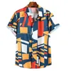Mens Contrast Color Geometric Printed Shirt Turn Down Collar Short Sleeve Loose Men Shirts Colorful Color Block Mens Shirt