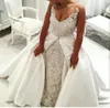 Sexy arabisches Meerjungfrau-Hochzeitskleid mit V-Ausschnitt, Spitzenapplikationen, enge Brautkleider, Brautkleider mit abnehmbarem Rock, Satin-Schleppe, Boho 2019