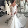 Modest Dubai Arabisch 2019 Meerjungfrau Brautkleider Langarm Spitze Applikation Illusion Juwel Hals Perlen Hofzug Brautkleid Brautkleider