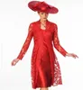 Sheath Red Mother of The Bride Dresses With Long Sleeves Lace Jacket Scoop Neckline Mother Wear Knee Length Evening Dress