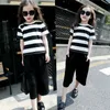 Summer Girls Clothing Set Junior Kids White and Black Striped T Shirt with Loose Pants 2 PCs Outfit Casual Children Clothes