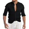 Moda masculina casual o-pescoço botão sólido praia manga longa blusa superior de algodão linho casual fino ajuste baggy camisas soltas blusa311r