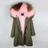 Xlong Style Kobiety Śnieżne Płaszcze Maaokong Marka Brown Rabbit Fur Lined Black X-Long Park z Brown Fox Fur Trim Hoody