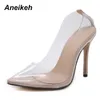 Moda PVC Kobieta Przezroczyste Sandały Cienkie wysokie obcasy Buty Spiczaste Palec Pompy Slip On Solid Aprict 35-42