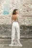 オーバースカートアラビアのドバイ長袖のヴィンテージの白いパンツのイブニングドレスオープンバック足首の長さジャンプスーツ衣装のイブニングドレス
