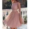 2021 Rosa Short Prom Dresses Rose Gold Pailletten Schaufel Hals Backless 3/4 Lange Ärmel Maßgeschneiderte Abend Party Kleid plus Größe