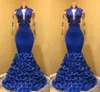 Blue Hand Made Flowers Evening Gowns With Illusion Long Sleeve Mermaid Style Applique Beaded Sequins High Neck Prom Dress Formal Dresses