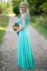 Turkusowe druhny sukienki Sheer Jewel Neck Lace Top szyfonowy długi wiejski druhna Maid of Honor Wedding Guns