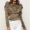 BKMGC Elegant New Puff Shoulder Silk Blouse Shirts Bow Collar Lady Blouse Solid Pleated Office Tops Turtleneck Party Clubwear