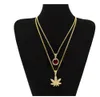 18K Gold Iced Out Maple Leaf Pendant Necklace Round Ruby Pendant Necklace Set 2pcs Jewelry Set For Men Women gifts