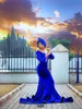 Niebieski 2020 Royal 3/4 Long Rleeves Suknie wieczorowe Sheer Scyk Illusion Punching Mermaid Sweep Train