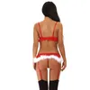 Costume da bagno bikini seducente con volant da donna con volant bianco e bordo in pelliccia rossa con reggicalze Costume da bagno per feste di Natale di Halloween Cosplay