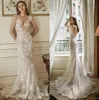 2020 Illusion Robes De Mariée Sirène Appliqued Dentelle Dos Nu Col En V Profond Boho Robe De Mariée Balayage Train À Manches Longues Plage Robes De Mariée