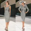 Elegante graue Brautmutterkleider mit Jacken Uk Modest knielang kurz 2 Stück Bräutigam Mutter formelle Kleider ohne Hut 20319S