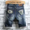 Estilo de verão homens jeans shorts de luxo fino denim shorts com zíper buraco em linha reta moto biker jeans para azul e black241b