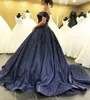 Prachtige Navy Blue Ball-jurk Quinceanera Jurken Off The Shoulder Beaded Luxe Sweet 16 Prom-jurken Lace-up Back Sweep Train