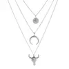 3-teiliges Set Damen Lange Pulloverkette Tier Kuhkopf Anhänger Halskette Legierung Auge Horn Mehrschichtige Halskette Schmuck Geschenk für Mädchen272R8097589