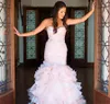 Romantic Ruffles Sweetheart Mermaid Bridal Gowns Lace Up Glamorous Blush Pink Organza Wedding Dresses Custom Made