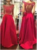 Dwa kawałki Czerwony Sexy Plus Size Suknie wieczorowe Zroszony Rode Satin Prom Dress A-Line Backless Floor Leng Off Ramię Dress Z Kieszonkowy Niestandardowy