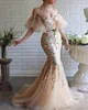 2020 Floral Mermaid Prom Gowns Off-shoulder Appliqued Beaded Hand Made Flower Evening Gown Ruched Sweep Train Custom Made Prom Dress