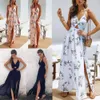 Boho sans manches en mousseline de soie fête soirée plage col en v Floral dos nu femmes robe d'été robes longue Maxi robe robe d'été