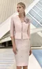 ジャケットレース付き花嫁のドレスのエレガントなピンクの母親のアプリケーションビーズウェディングゲストドレス膝の長さフォーマルマザー服pro236e