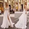 2020 Berta Wedding Dresses V Neck Appliqued mangas compridas lombar Lace Vestido de Noiva Backless alta Dividir Ruffle Varrer Train Robes De Mariée 11