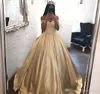 2019 Gold Quinceanera Dress Princess Arabic Dubai Styles Off Shoulder Sweet 16 Ages Long Girls Prom Party Pageant Gown Plus Size Custom Mad