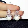Gros-créateur de mode luxe diamant zircon fleur élégante perle pendentif goutte goujon balancent boucles d'oreilles lustre pour femme filles