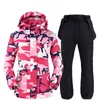 Tuta da neve da donna mimetica a due strati Abbigliamento da snowboard Abbigliamento sportivo invernale da esterno Giacche da sci impermeabili + pantaloni con cintura da neve