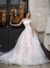 Naviblue Blush Wedding Dresses Off the Shoulder Lace Appliqued Bridal Dress Wedding Gowns Lace-up Back Arabic Robe de Mariee