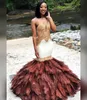 Luxury Feather Mermaid Prom Dresses Sheer Plunging Neck Beaded Evening Gowns Plus Size Floor Length Appliqued Formal Dress