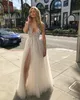 2019 New Berta Beach Wedding Dresses Beaded Deep V Neck Bohemian Bridal Gowns A Line Side Split Floor Length Tulle Vestido De Novia