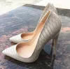 Hot Sale-Nytt mode Grå Serpentine Tip Spetsiga Toes Högklackade Skor 12cm Dam Pumps, Sexig Grå Lack Snake Stiletto Dress Skor