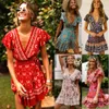 Röd Multi Print Mini Dress Sommar Boho V-Neck Wrap Klänningar Ruffle Hem Hippie Chic Casual Beach Dress Kvinnor Klänningar Vestidos 2019