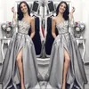 Elegant silver en axel l￥ng￤rmad balkl￤nningar blommiga applikationer Front Split A Line Evening Party Gowns