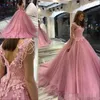 Pembe quinceanera tozlu elbiseler boncuk dantel aplike süpürme treni tül v boyun kayışları özel yapım tatlı prenses balo balo elbisesi