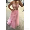 Seksowna różowa iluzja Bodice Prom Dresses Sheer Neck Lace Aplikacja Tulle Piętro Długość Długa Wieczór Formalna Nosić Korowód Ball Suknia Wykonane