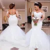Luxe Afrikaanse Plus Size Mermaid Trouwjurken Lange illusie Mouw Sheer Hals Crystal Beads Court Train Arabische bruiloft bruidsjurken