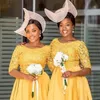 Yellow Short Lace Bridesmaid Dresses 2021 African Scoop Half Sleeve Maid Of Honor Gowns Knee Length Satin Wedding Guest Party Dress AL6023