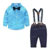 Ropa de bebé niño otoño primavera conjuntos de bebé recién nacido ropa infantil traje de caballero camisa a cuadros + pajarita + pantalones suspendidos 2 uds trajes