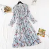 Vintage Manga Longa Mulheres Vestido 2021 Primavera Verão Floral Impressão Chiffon Plissado Ruffled Dresses Plus Size Vestidos1