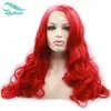 Bythairshop Parrucca anteriore in pizzo sintetico rosso amaranto con onda lunga del corpo Mezza mano legata Capelli in fibra resistente al calore rossa rosa rimbalzante per le donne