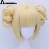 Anogol Çift at kuyruğu Anime My Hero Akademi Himiko Toga Çapraz Vücut Kısa Düz Blonde Sentetik Cosplay Peruk İçin Cadılar Bayramı