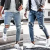 Primavera e autunno Uomo magro Indossare buco strappato distrutto Hip hop Jeans da motociclista a matita maschio rotto T200608263H