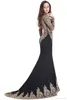 2019 New Sheer Illusion Long Rleeves Luksusowe czarne złote sukienki wieczorne syreny koraliki krystalicznie koronkowe hafty wieczorowe suknie Prom V1165728